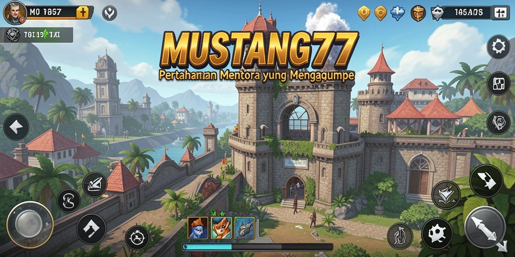 Tampilan gameplay Tower Defense MUSTANG77 yang mengasyikkan dan penuh warna.