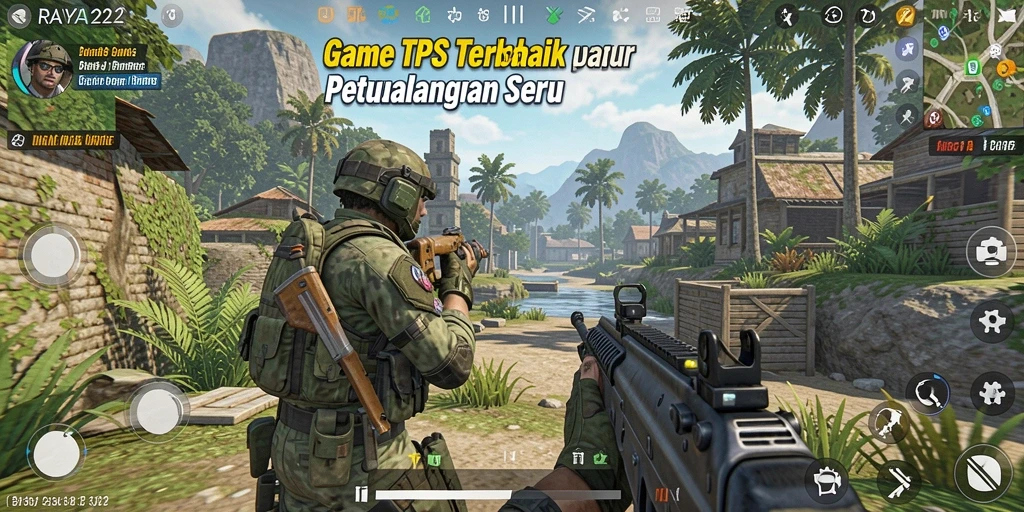 Tampilan utama RAYA22 dengan aksi seru dalam permainan TPS.