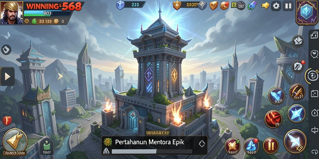 Screenshot gameplay WINNING568 menampilkan aksi menara bertahan dari serangan musuh.